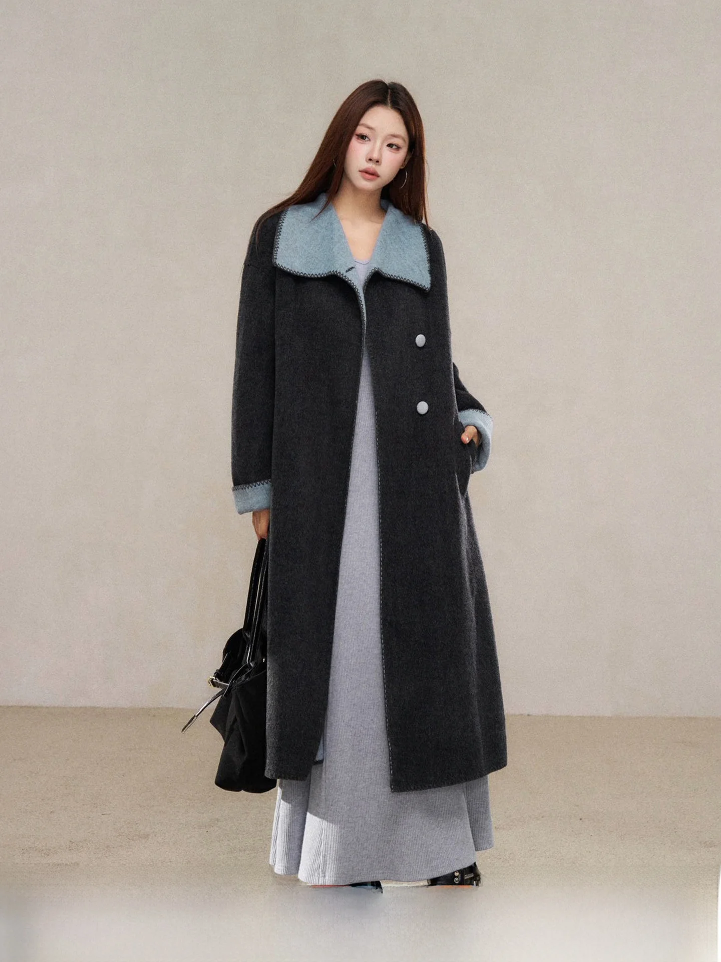 

Корейское длинное шерстяное пальто, женское зимнее новое модное маленькое длинное пальто с дикими ягодами, свободный крой, круглое, с застежкой на одной пуговице