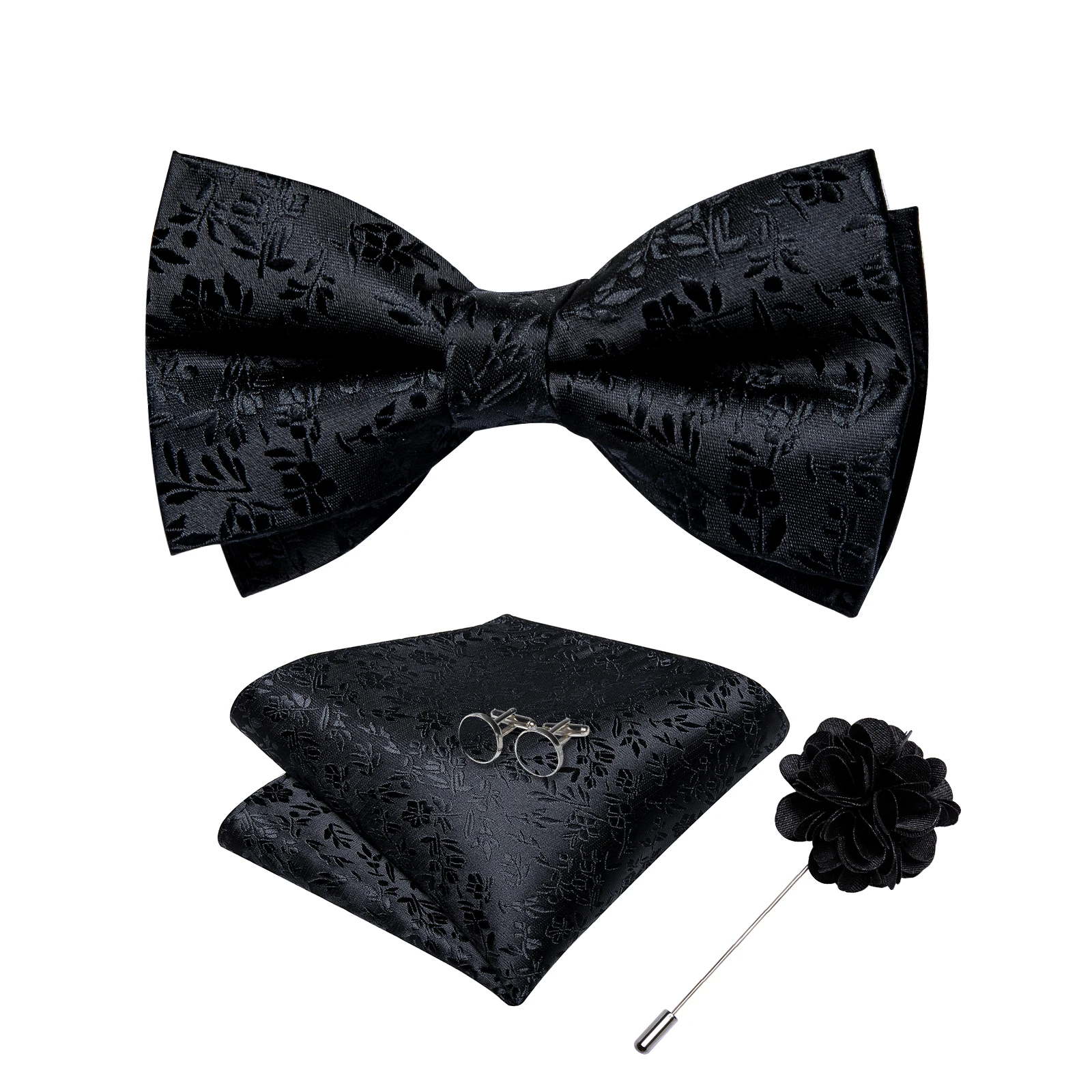 ソリッドフローラルメンズ蝶ネクタイセット、ハンカチカフリンクス、ウェディングウエディング蝶ネクタイ、新郎アクセサリー、メンズギフト、4個