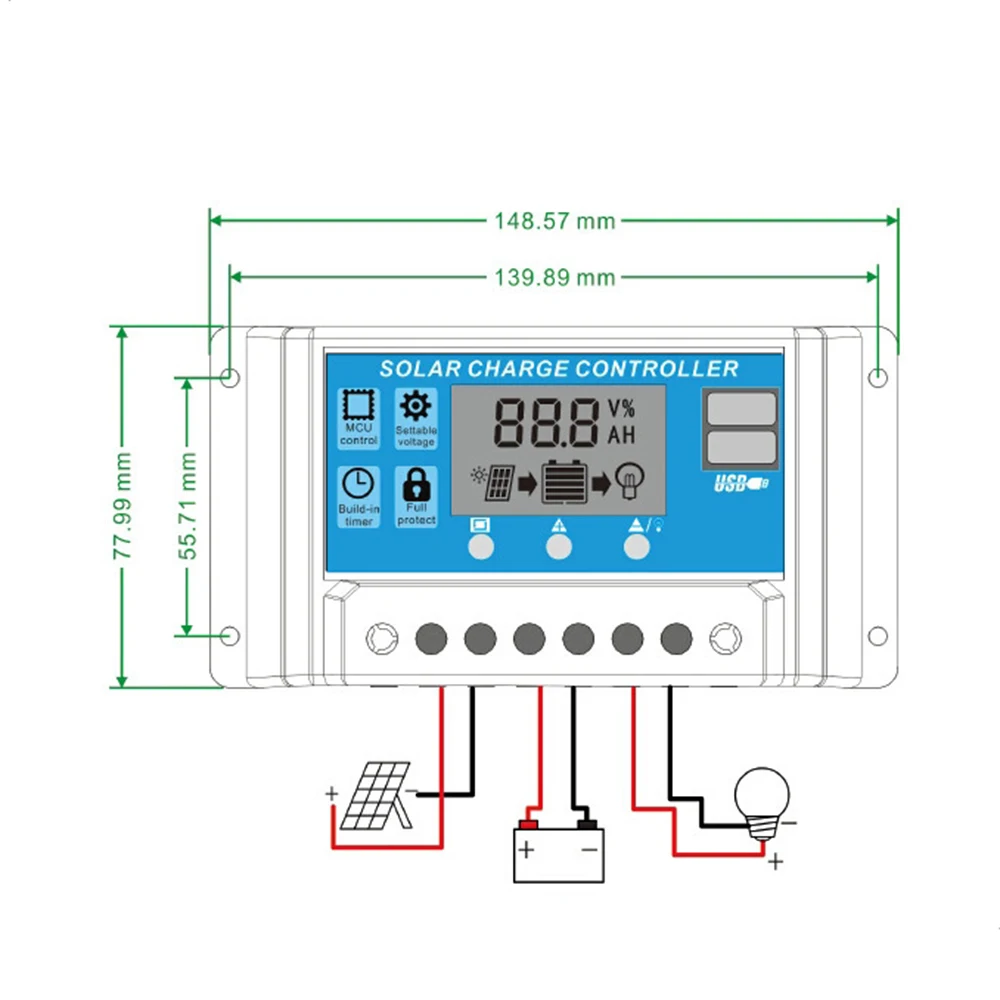 100A Solar Charge Controller - PWM Regulator For 12V/24V Lithium & Lead-Acid Batteries With USB Ports