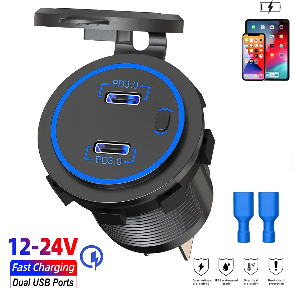 

12V USB Car Charger Socket Dual PD Waterproof Fast Charging Power Adapter Car Accessories for RV Motorcycle