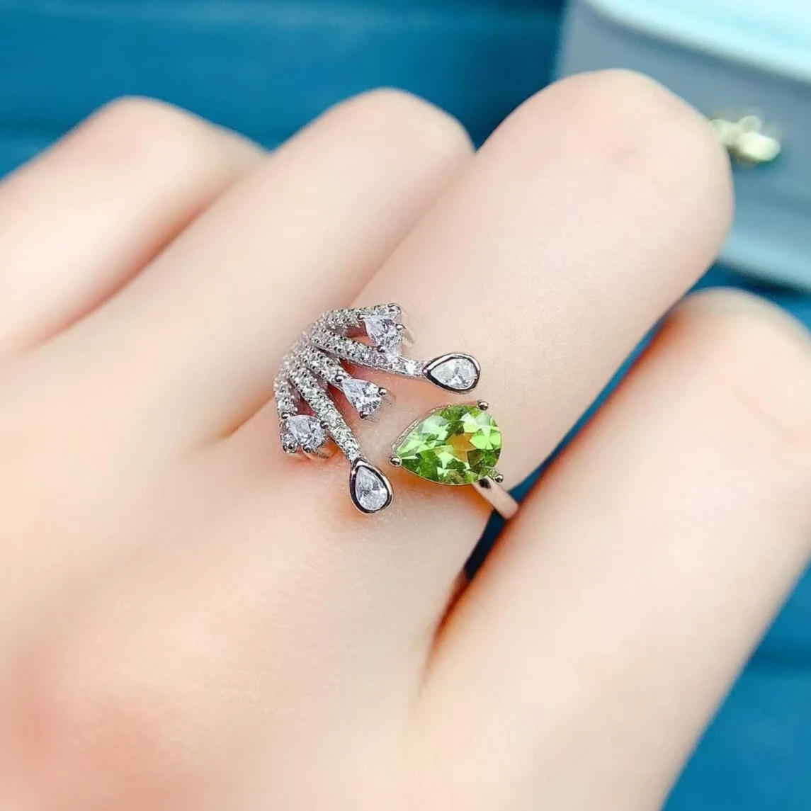 925 Sterling Silver Natural Peridot Ring, Teardrop Cut Gemstone with CZ Accents & Certificate - Elegant Fine Jewelry for Women