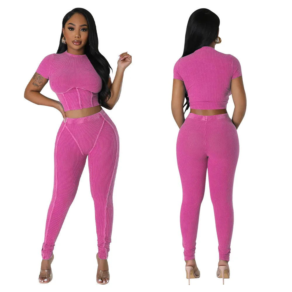 K10514stripe sports two-piece set round neck tight sexy women's new Europe and the United States big size women's fashion trends