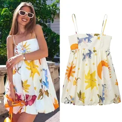 HXAO Pleated Print Slip Dress Women Fashion Sleeveless Backless Dress Ladies Mini Slash Neck Sling Dress Beach Holiday Vestidos