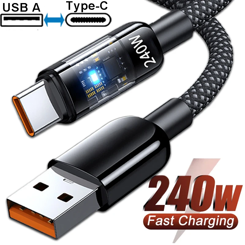 240W USB-A to USB C Cable USB to Type C Fast Charger Cables Quick Charging Data Cord Wire for iPhone Samsung Xiaomi Huwei OPPO