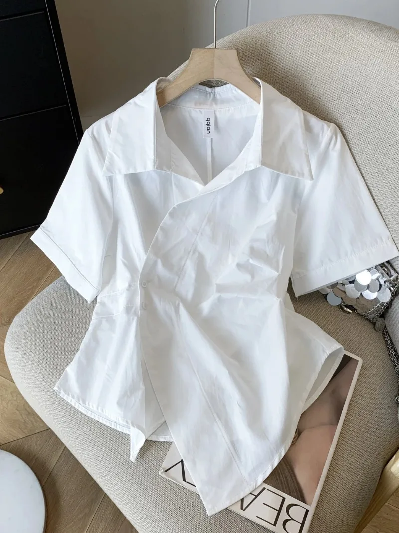 Blue Lapel Women's Shirt Fashion Korean Slant Button Design Shirt Top Summer Short Sleeve Irregular Cardigan Blouses