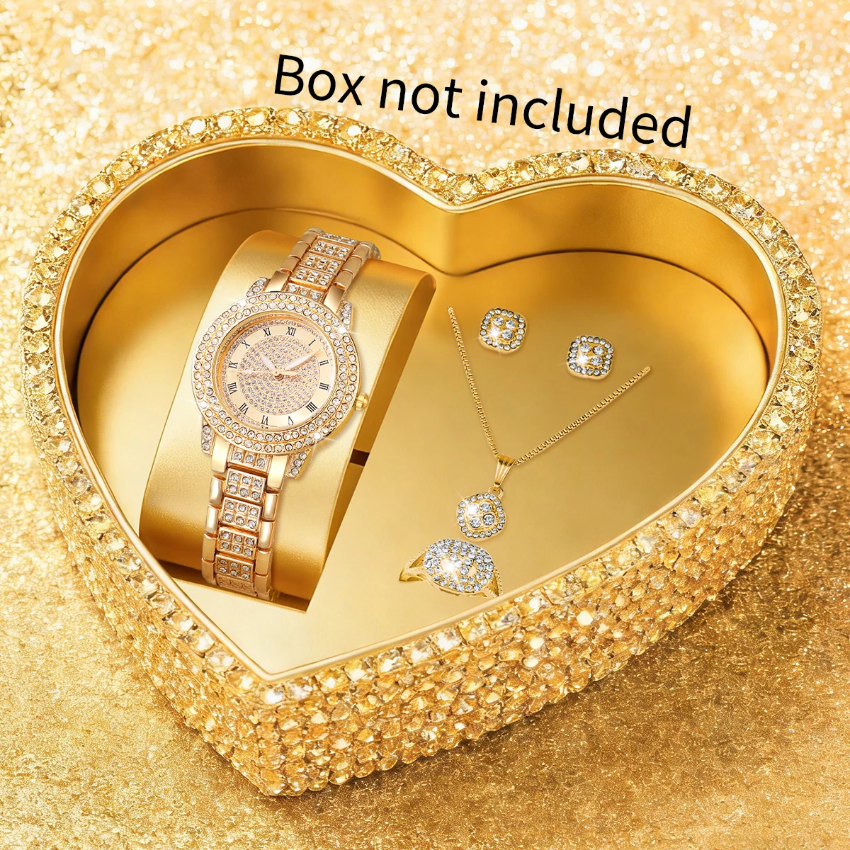 5PCS Luxury Women Roma Dial Quartz Watch Fashion Diamond Ladies Wristwatch Jewelry Set  (Without Box)