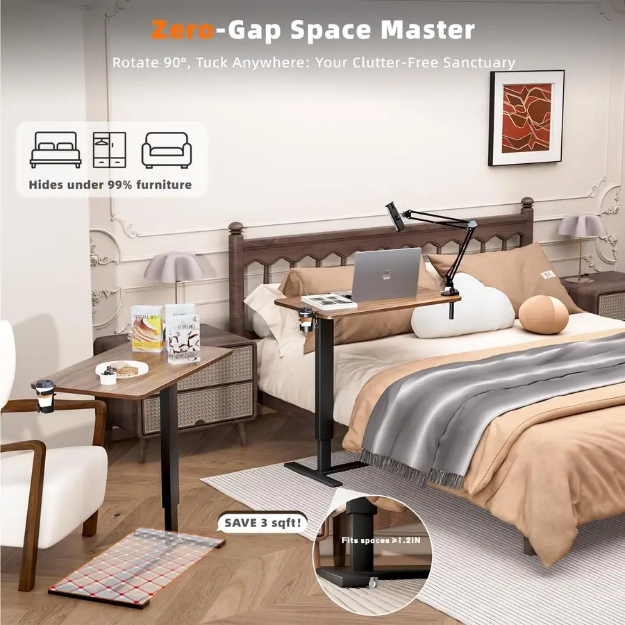Bedside Table with Wheels, Adjustable Hospital Bedside Desk, Rolling Laptop Table, Mobile Standing Desk, Laptop with Cup Holder