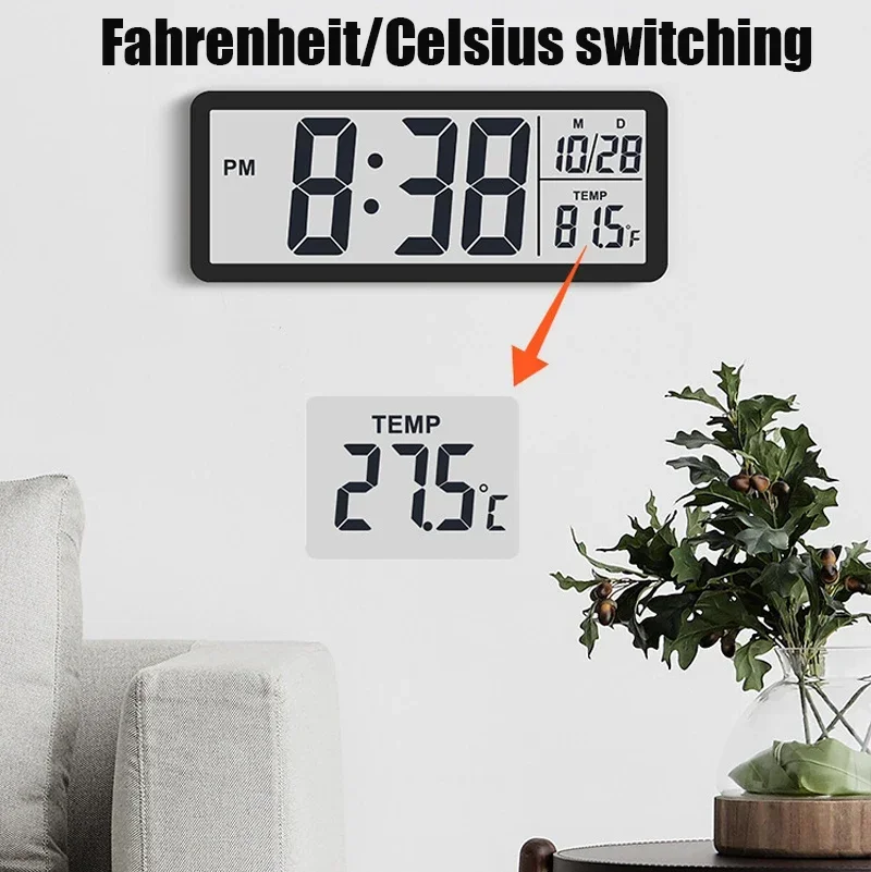 Digital Wall Clock Electronic Wall Mounted LCD Disply Clocks Multifunctional Temperature and Time Week Display Alarm Clock White