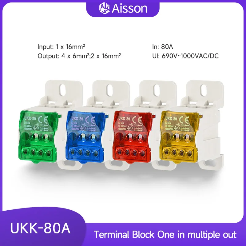 UKK80A Terminal Block Electric Wire Connector One In Multiple Out Din Rail Distribution Wiring Accessories Blue Yellow Green Red