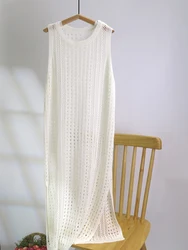 Summer New Loose Versatile Elegant Mid-Length Thin Hollow out Slit Layered Ice Silk Knitted Dress Commute Style Loose Fit