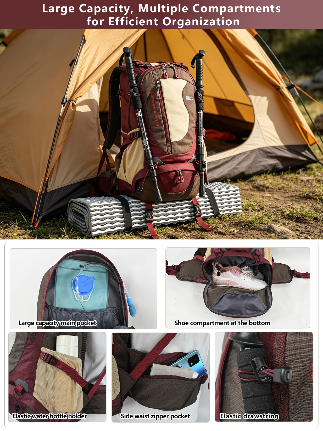 ROYAL MOUNTAIN 35L Wander- & Alltagsrucksack mit Schuhfach, mehreren Taschen, Hüfttasche, Brustschnalle, wasserabweisendem Stoff – Detail 3