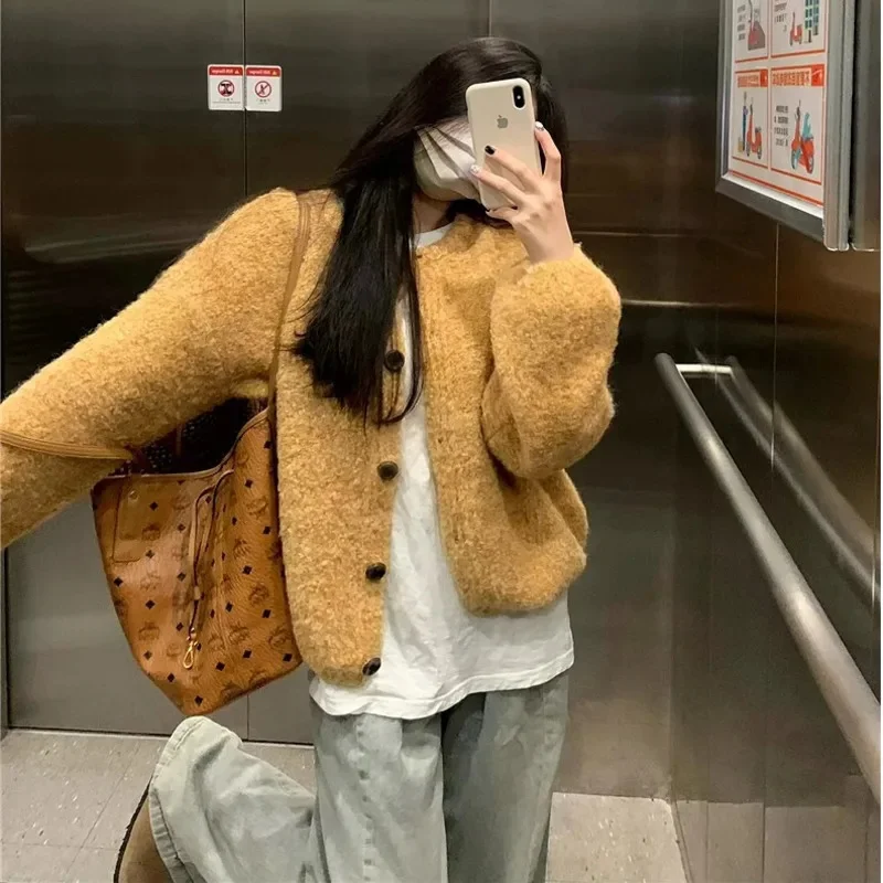 

Soft Glutinous Yellow Knit Cardigan Sweater Women Sweet Round Neck Long Sleeve Top 2024 Early Autumn Retro Short Loose Outerwear