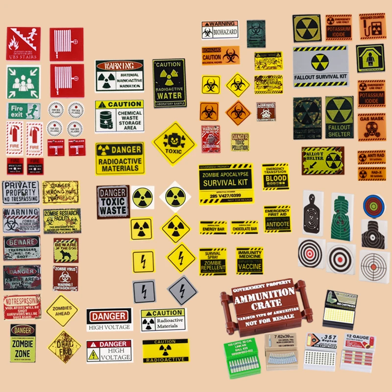 

MOC Military City Street View Zombie Figures Printed Tile Building Blocks Fire Warning Sign Ammunition Box Parts Bricks Kids Toy