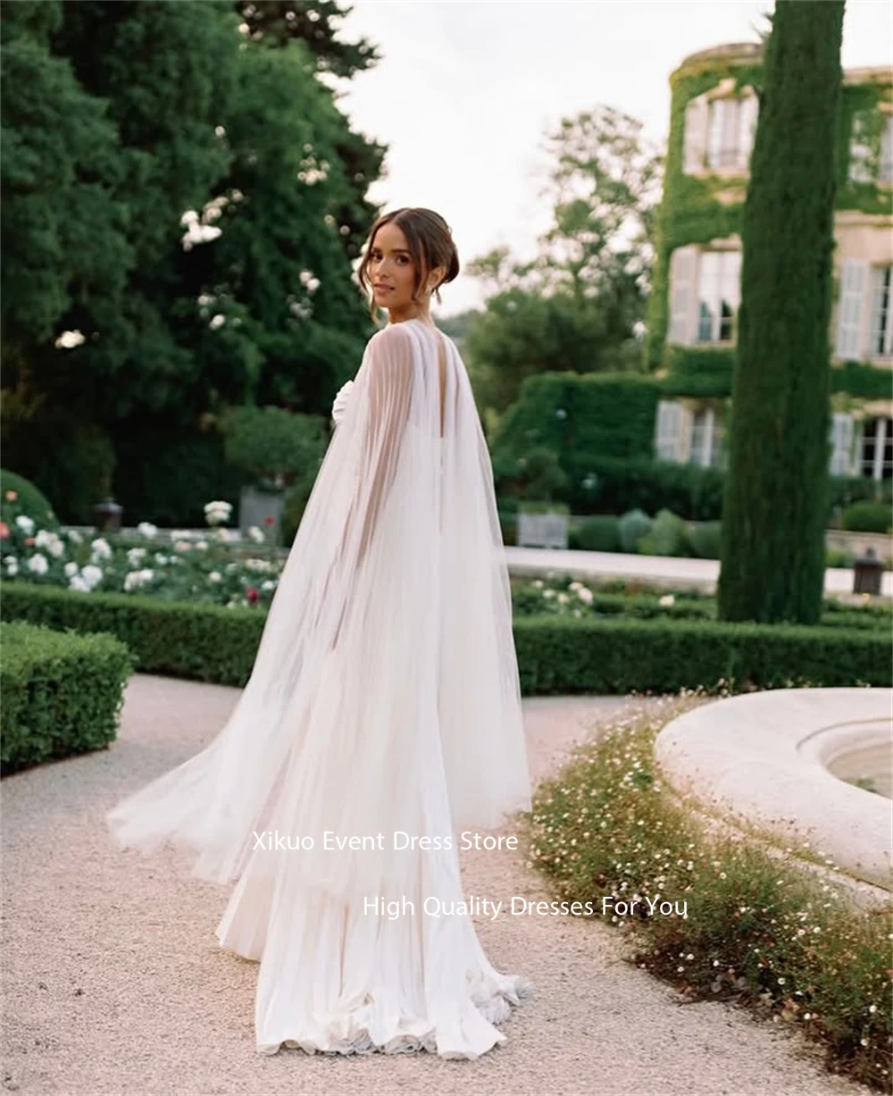 Xikuo فستان زفاف رومانسي على شكل حرف A فستان زفاف شيفون مطوي طول الأرض على شكل قلب بدون أكمام فيستدوس دي نوفيا مخصص
