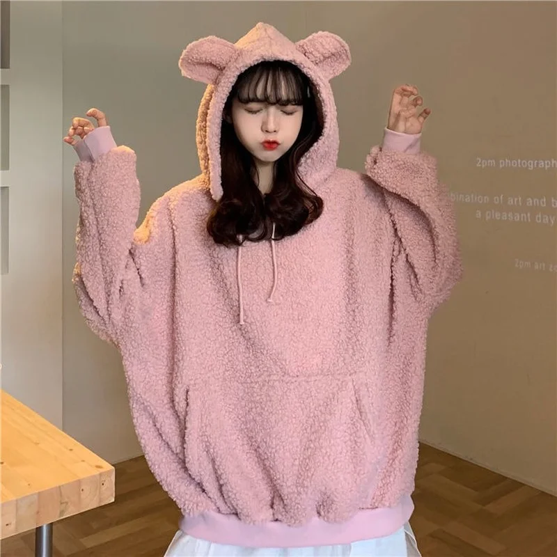 

Толстовки с шляпой, женские свободные милые толстые зимние теплые студенческие пуловеры с завязками, кавайные розовые женские модные универсальные милые Ins