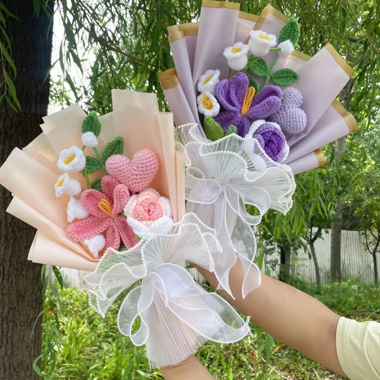 Finished Crochet bouquet Rope Artificial tulip Stuffed Plants Wedding Valentine Mothers' Day Birthday Graduation Gifts