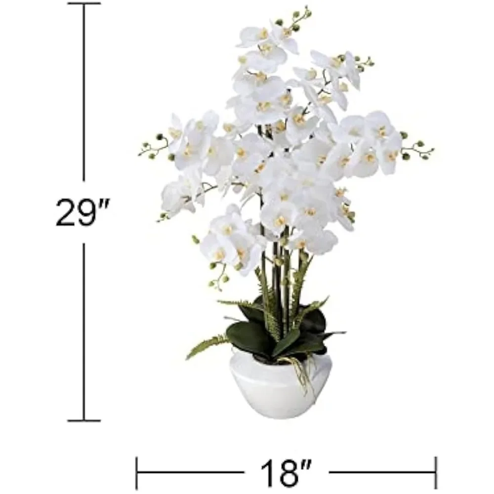 Potted Faux Artificial Flowers Arrangements Realistic White Phalaenopsis Orchid in White Ceramic Pot