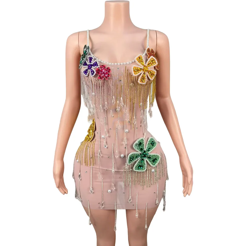Women Shiny Crystal Chain Diamonds Dress Elastic Sexy Mini Night Club Performance Costume Birthday Party Stage Wear