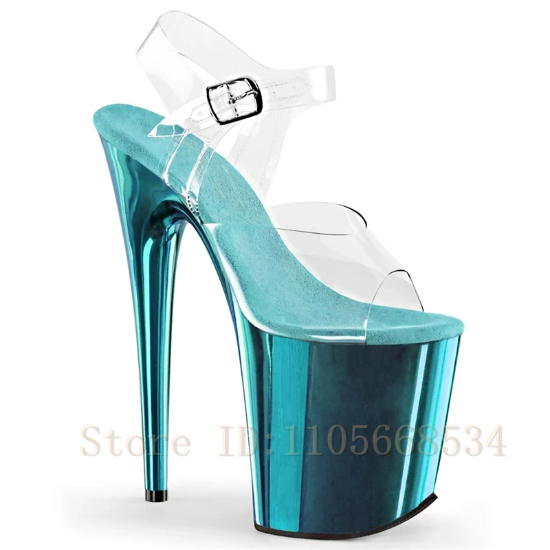 20CM Super High Heel Pole Dance Shoes Women Metallic Mirror Platform Clear PVC Straps Stiletto Sandals for Stage Perform
