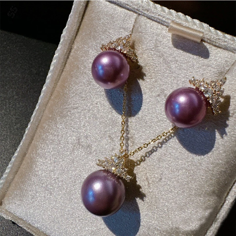 Crown Jewel Grape Purple Pearl Gold Chain Necklace and Earring Tahiti Deep Sea Shell Beads Queen Accessories 2 Piece Set