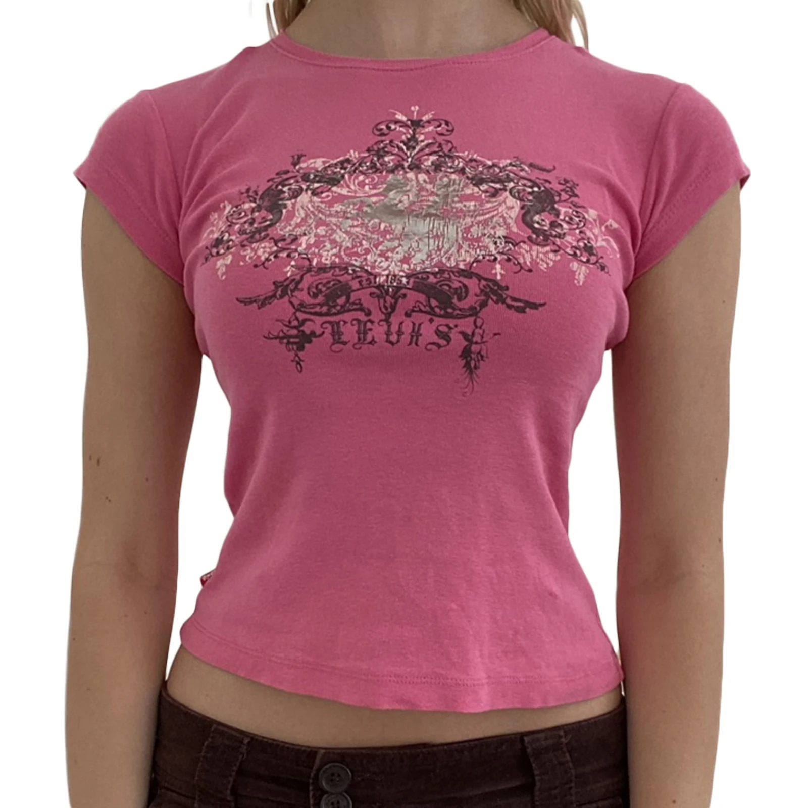 Women’s Basics Rero Casual Short Sleeve T-shirt Vintage Printing Round Neck Exposed Navel Slim Fit Tops