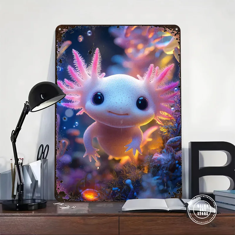 Cute Axolotl in Underwater World Printed Posters Customizable Wall Art Retro Vintage Metal Tin Signs for Home Room Wand Deko