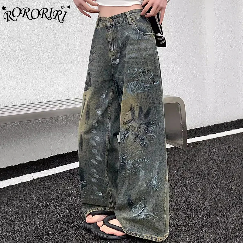 

RORORIRI Big Size Graffiti Baggy Jeans for Women Boyfriend Street Style High Waist Wide Leg Denim Pants Vintage Y2k Streetwear