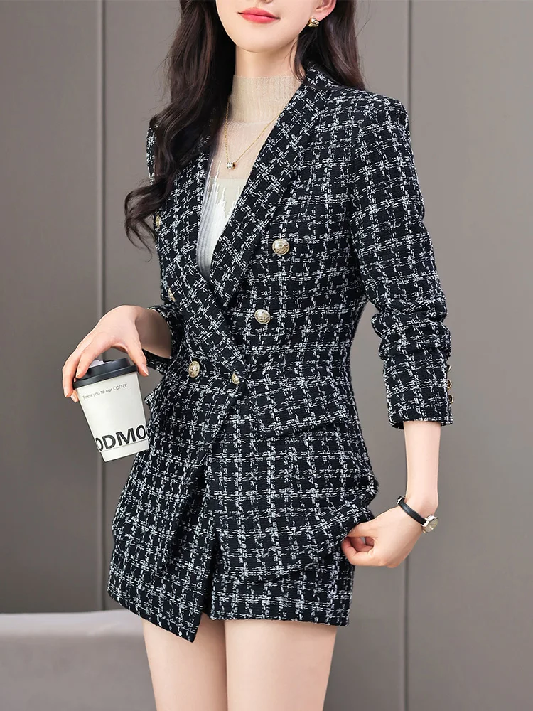 Autumn Winter Plaid Woolen Blazer Office Ladies 2 Piece Set Korean Fashion Long Sleeve Suit Coat+ Mini High Waist A-line Skirts