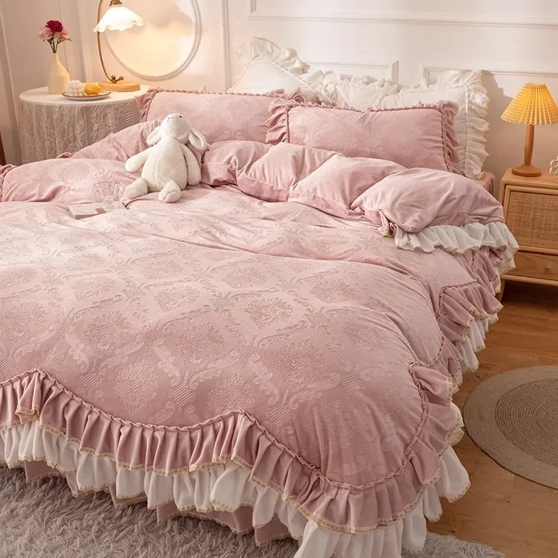 Plush Coral Velvet Bed Four-piece Double Flannel Quilt Cover + Milk Plush Bed Skirt