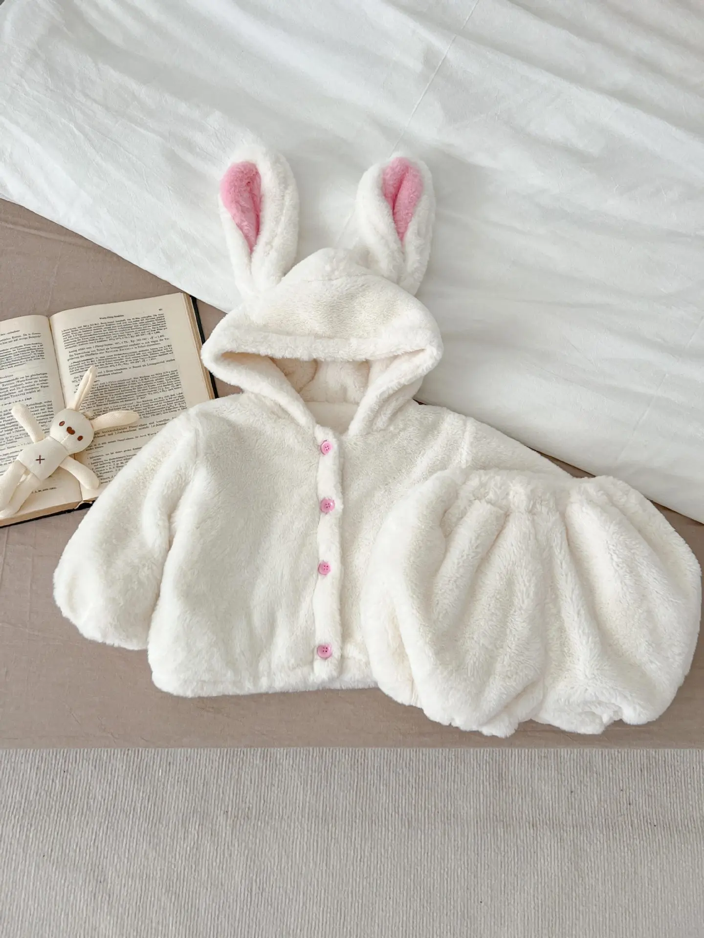 2psc Winter Newborn Infant Baby Girls Plush rabbit ear Hoodie + Shorts Kids  Fashion Baby clothing