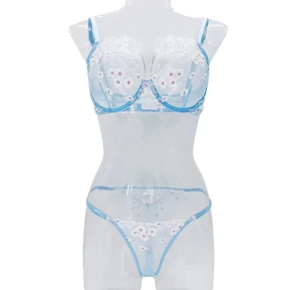 

New French Sweet Printed Embroidery Mesh See Through Bra Womens Erotic Seductive Underwears Apparels Clothings Sexy Lingerie Set