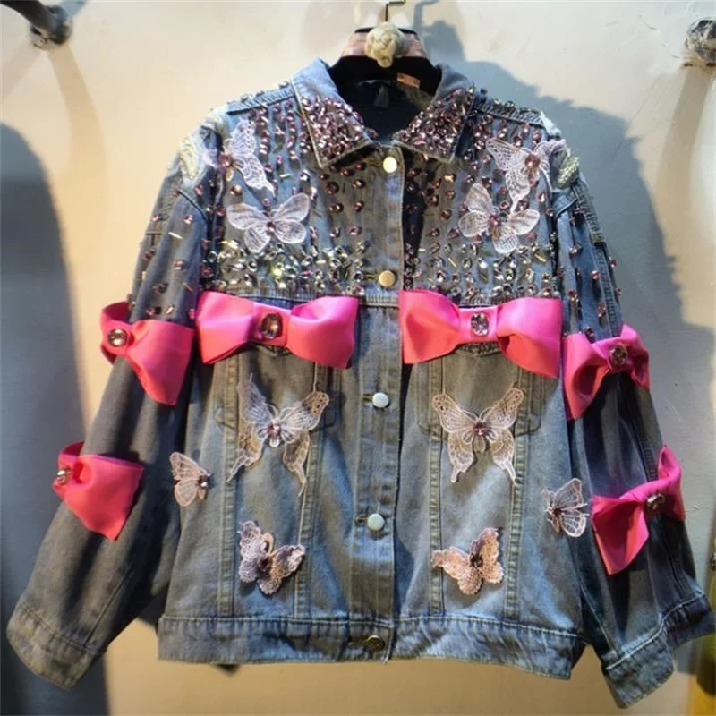 

spring and autumn new beaded diamond bow loose denim jacket women fashion bow lace coat