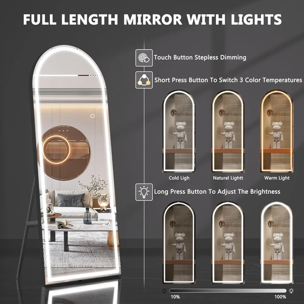 Miroir pleine longueur avec lumières, miroir LED en arc de cadre, 3 couleurs, température et luminosité réglables, 95 po x 40 po