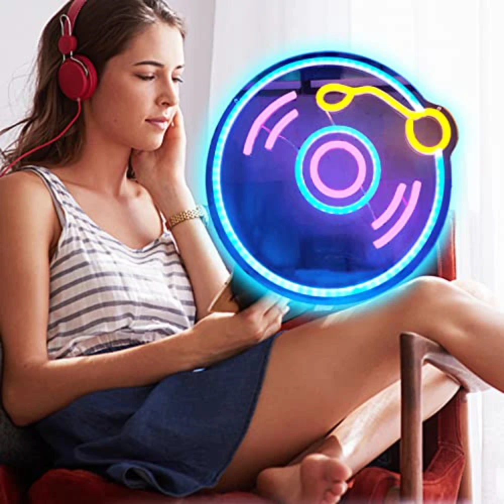 Record CD Neon Sign Dimmable Music Neon Light for Wall Decor Live Music Art Sign for Bedroom, Bar, Birthday, Recording Studio