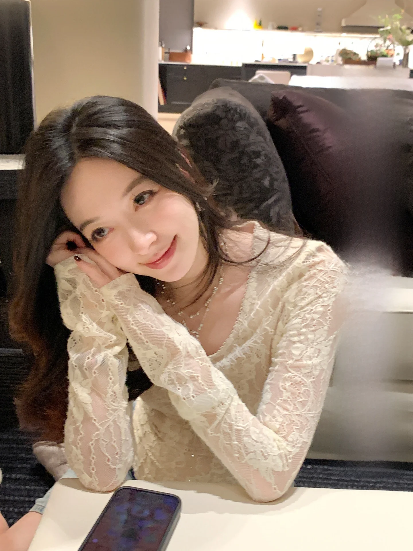 

Ele U-Ne Lace Trim Knitted Base irt Women's Loose Fit Long Sve Knot Decorated Inner Top