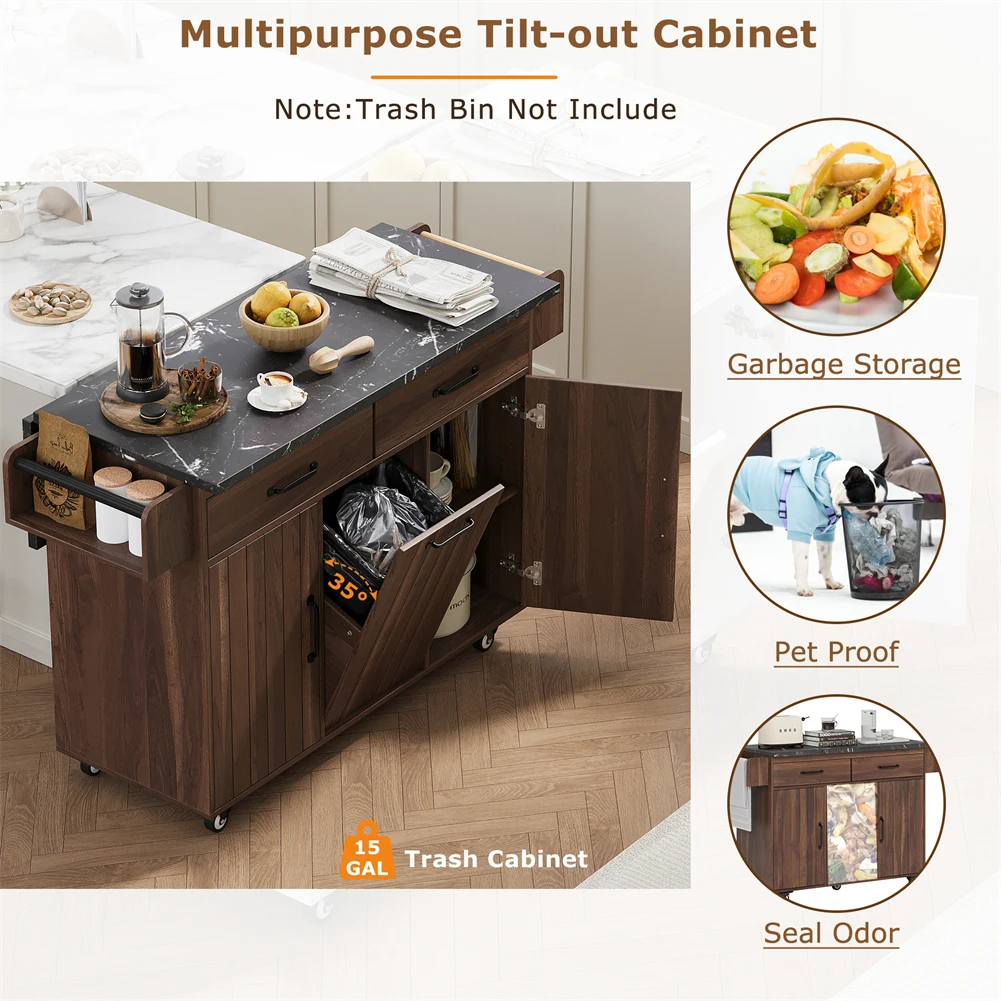 Mobile Kitchen Island On Wheels With Trash Can Storage Kitchen Island Cart With Drop Leaf Cabinet Drawer Spice Rack Towel Rack