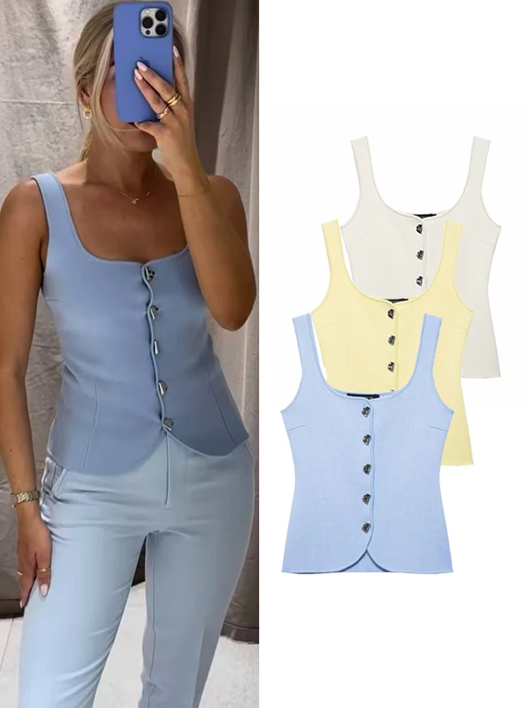 

TFMLN 2025 Women Chic Wide Sling Knit Tops Sleeveless Solid Color Single Breasted Camis Tank Lady Slimming Fashion Knitwear