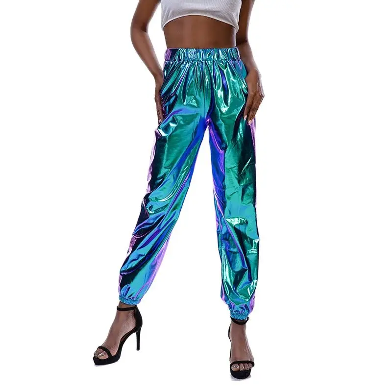 

Laser Holographic Wet Look Full Length Pant Women Hip Pop Casual Loose Jogger Pants Pockets Trousers Y2K Streetwear Sweatpants