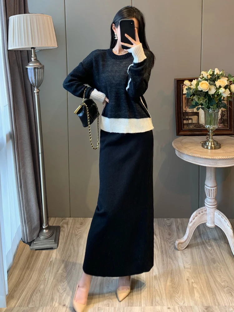 

Ретро-костюм из двух предметов: свободный вязаный комплект с круглым вырезом, модный осенний наряд с высокой талией, теплый, с длинными рукавами, повседневная одежда