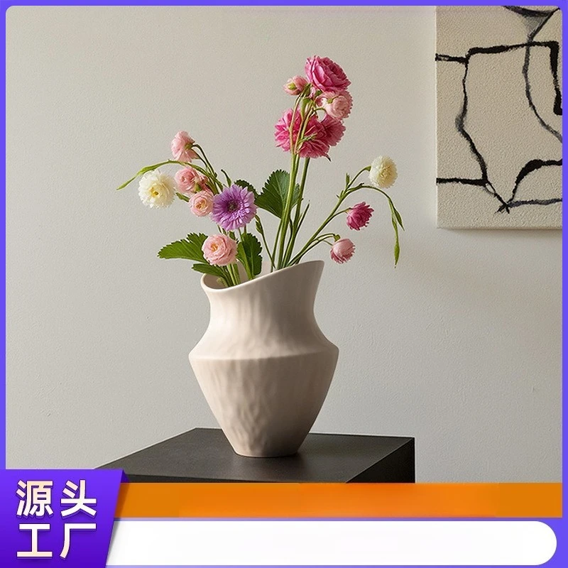 Jingdezhen wabi-sabi wind wide mouth retro texture flower ware high-end flower arrangement ceramic vase home decoration