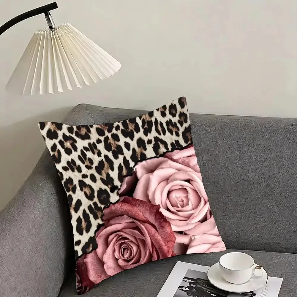 

2D Flat Printed Leopard Print Pink Rose Peach Skin Cushion Cover Floral Animal Pillowcase for Sofa Living Room Bed Home Decor