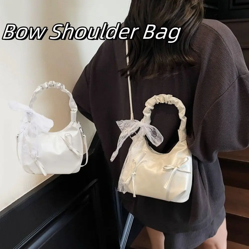 

Sweet Cloud Evening Handbag Beige Pleated Bow PU Shoulder Bag Lace Ribbon Large Capacity Underarm Bag Travel