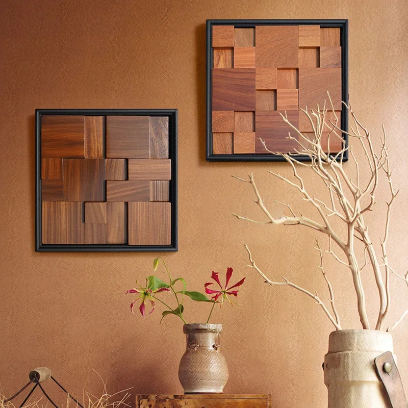Abstract Modern Solid Wood High-end Ancient Style Painting Log Meter Box Hanging Painting Three-dimensional Living Room Hanging