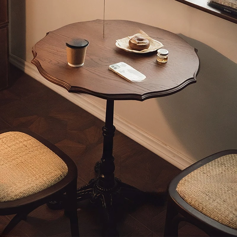 Retro solid wood flower round table, wrought iron coffee table, French dining furniture