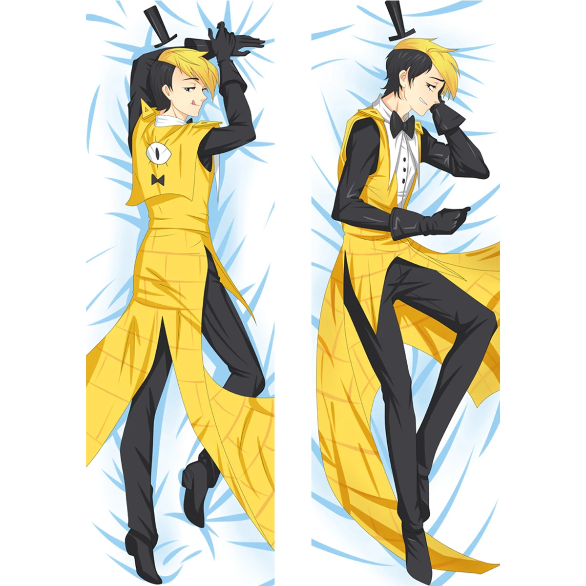 Anime Split Color Hair Blue Eye Black Top Hat Yellow Vest Tailcoat Man Dakimakura Pillowcase Double Sided Long Body Pillow Cover