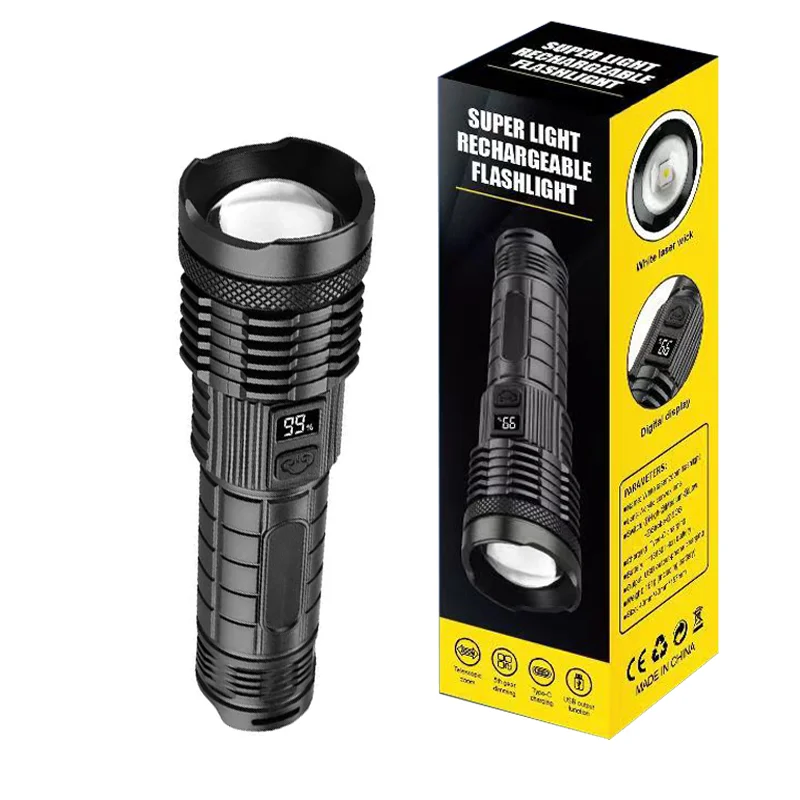 

Strong light flashlight white laser aluminum alloy telescopic zoom flashlight USB charging strong light emergency searchlight
