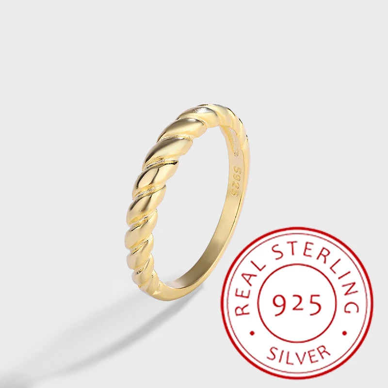 Minimalisti scher authentischer s925 Silber 14 Karat Gold Croissant Ring mit gedrehtem Muster, modisch und vielseitig