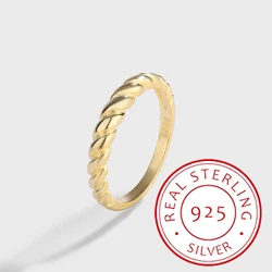 Minimalist Authentic S925 Silver 14K Gold Twisted Pattern Croissant Ring, Fashionable and Versatile