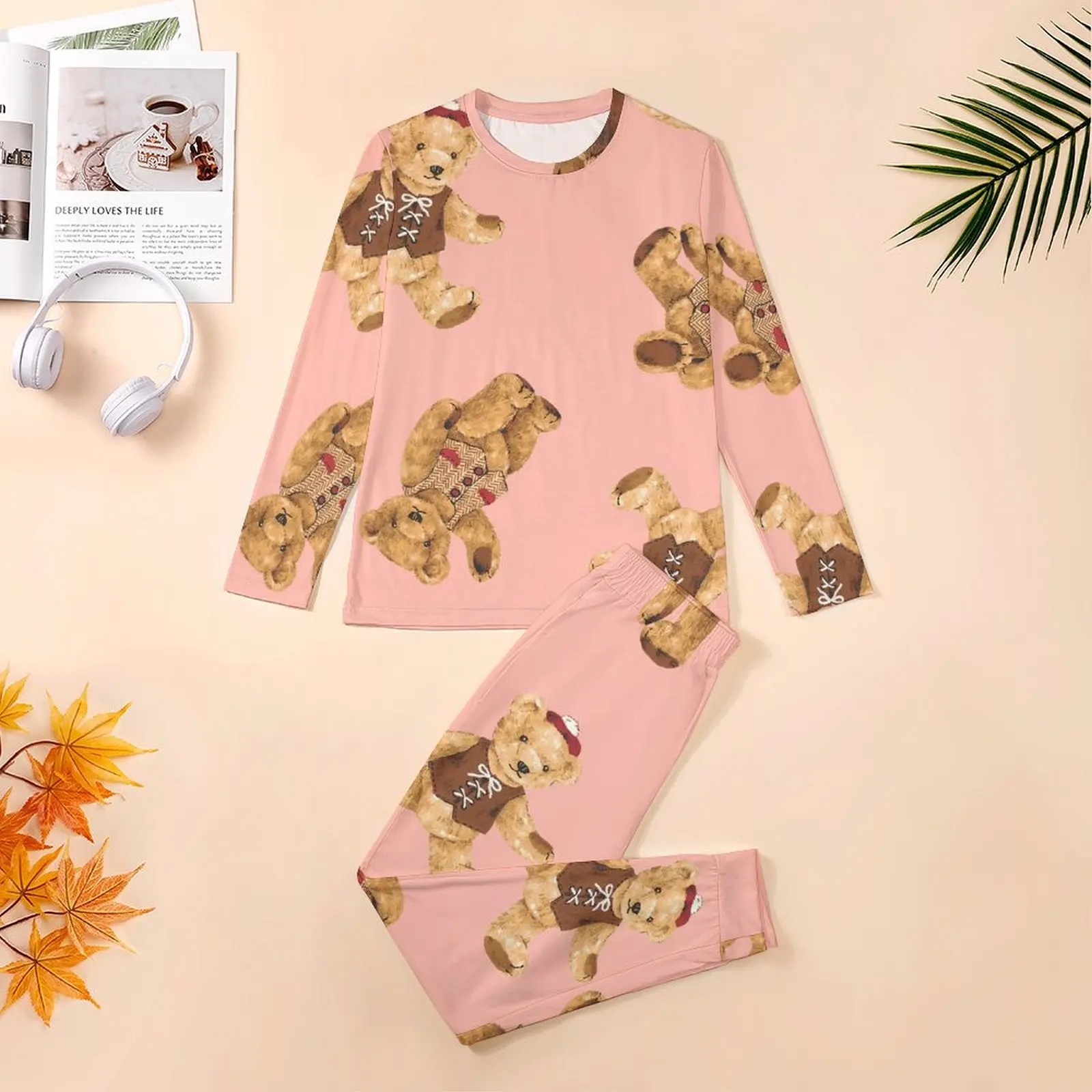 Cartoon Bear Pajamas Mens Cute Animal Print Kawaii Sleepwear Daily Long-Sleeve 2 Piece Casual Graphic Pajama Sets Big Size