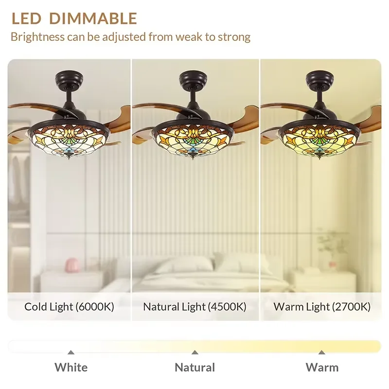 Mediterranean Retro Chandelier Ceiling Fan 110V Invisible LED Lamp with Remote Control for Living Room Metal Body